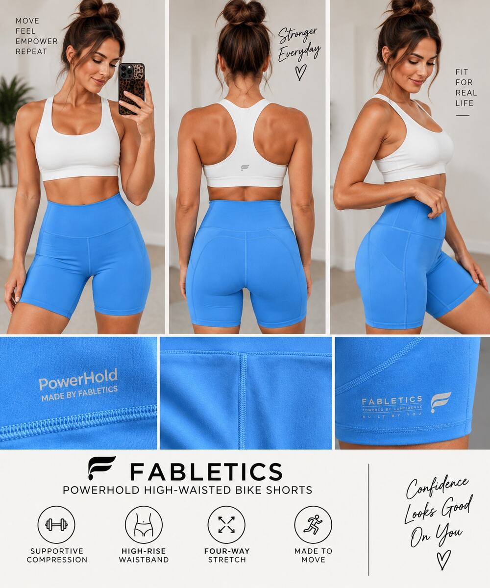 Fabletics PowerHold High Waisted Blue Bike Shorts, Approx Large